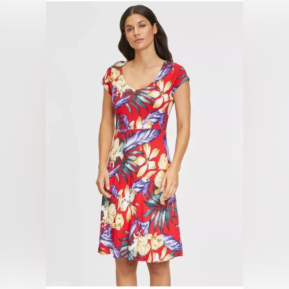 Lascana Venus Red tropical Floral Dress Short Sleeve Day Dress Womens Small